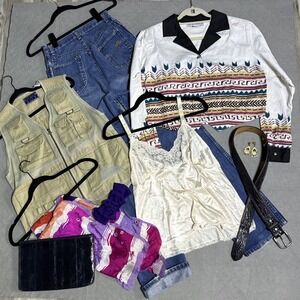 Vtg Clothing Lot 80s 90s 9 Pc M-L Western Boho Jacket Vest Cami Jeans Purse Belt